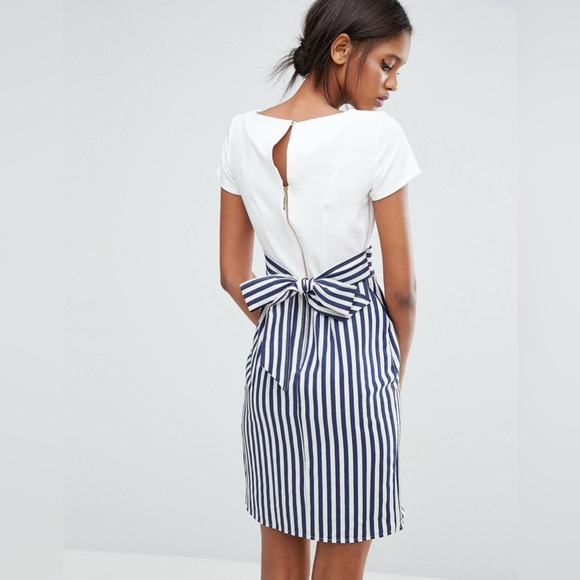 #32 Tie Back Stripe Button Dress nautical dress in cream and blue with bow - Picture 3 of 10
